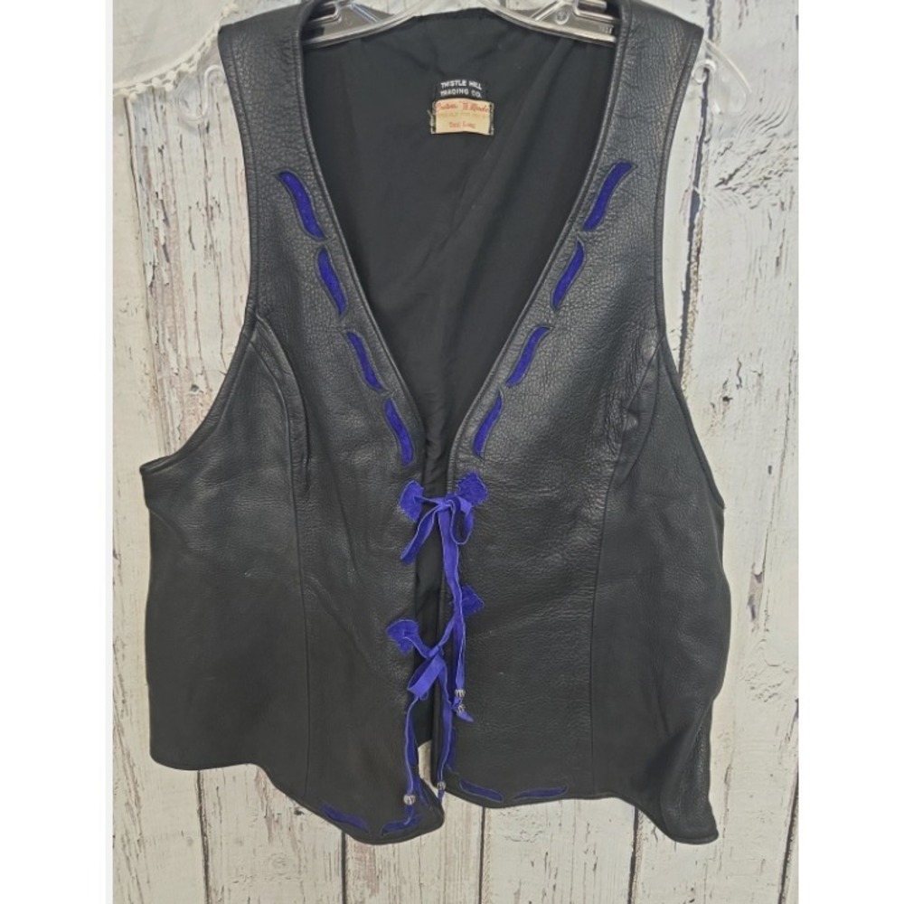 Thistle Hills Handmade Montana Heavy Leather Biker Vest Black Blue Men's L